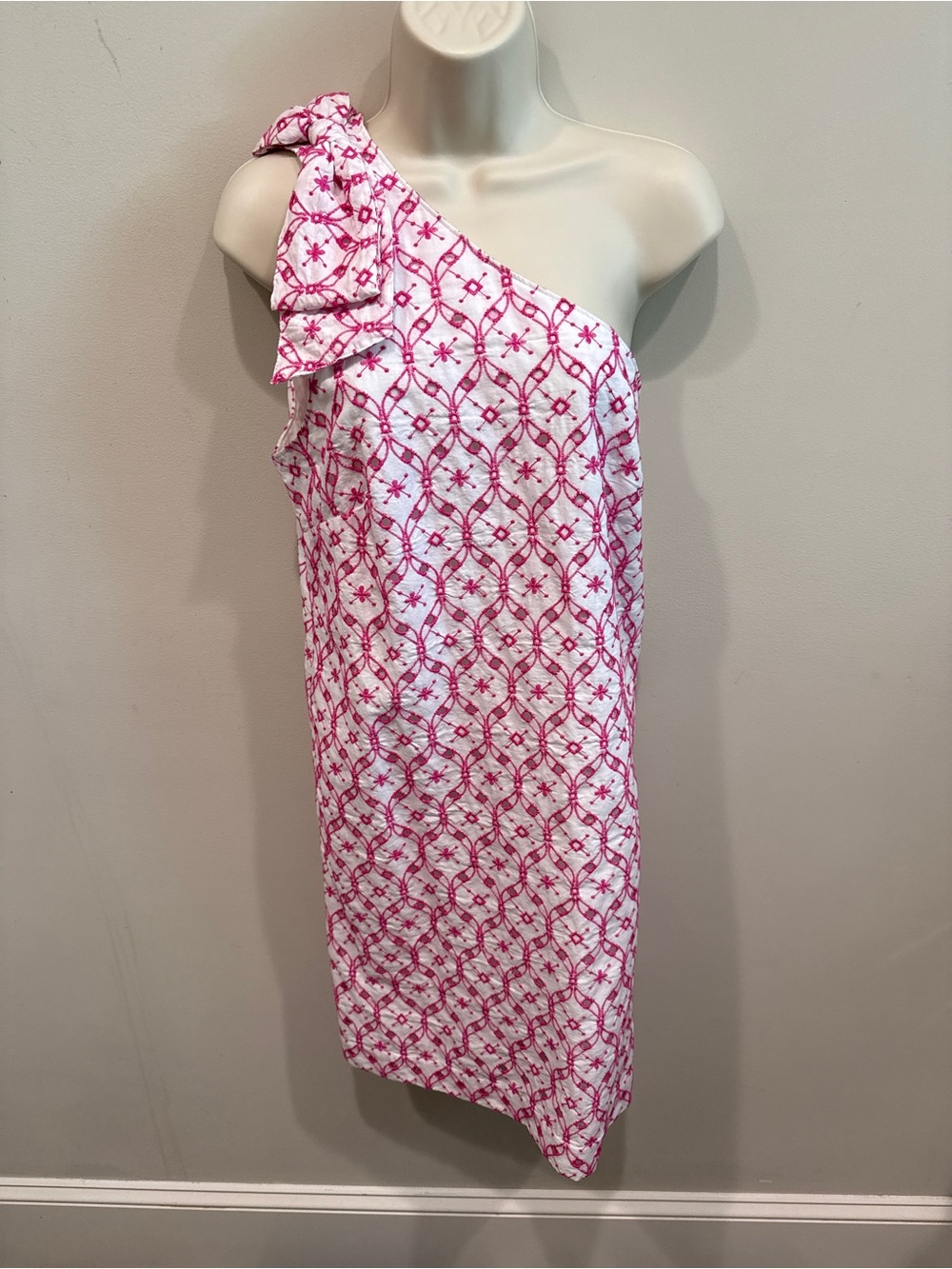 J. Crew One-Shoulder Pink and White Patterned Ruffle Dress